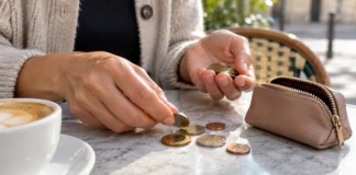 Entender números, cantidades y precios Manos de una persona contando monedas junto a un monedero.