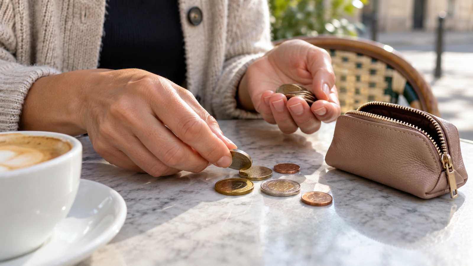 Manos de una persona contando monedas junto a un monedero.