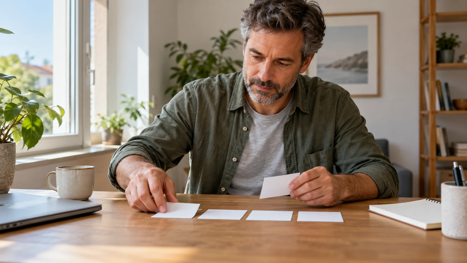 Un hombre ordena tarjetas sobre su escritorio.