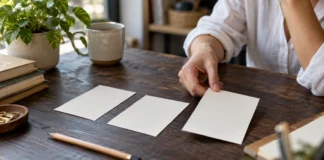 Escribe titulares que expliquen una razón para seguir Tres tarjetas en blanco sobre una mesa para comparar opciones de titular.