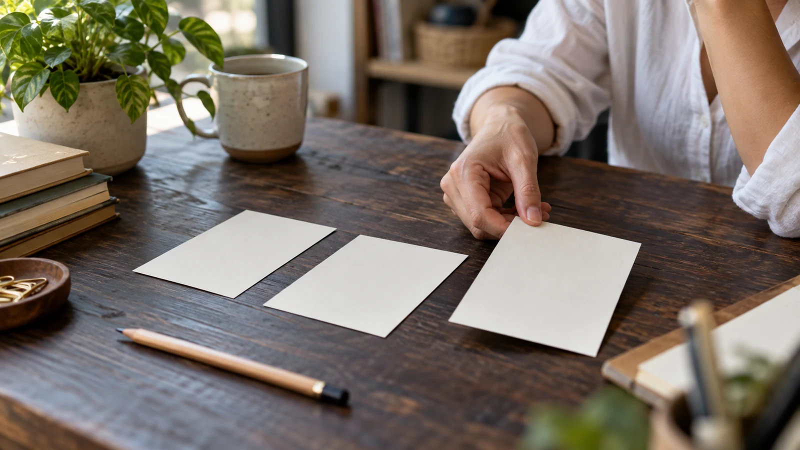 Tres tarjetas en blanco sobre una mesa para comparar opciones de titular.