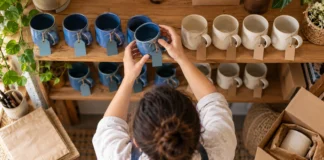 Organiza variantes y existencias sin vender de más Persona contando tazas de distintos colores en estanterías de un taller.
