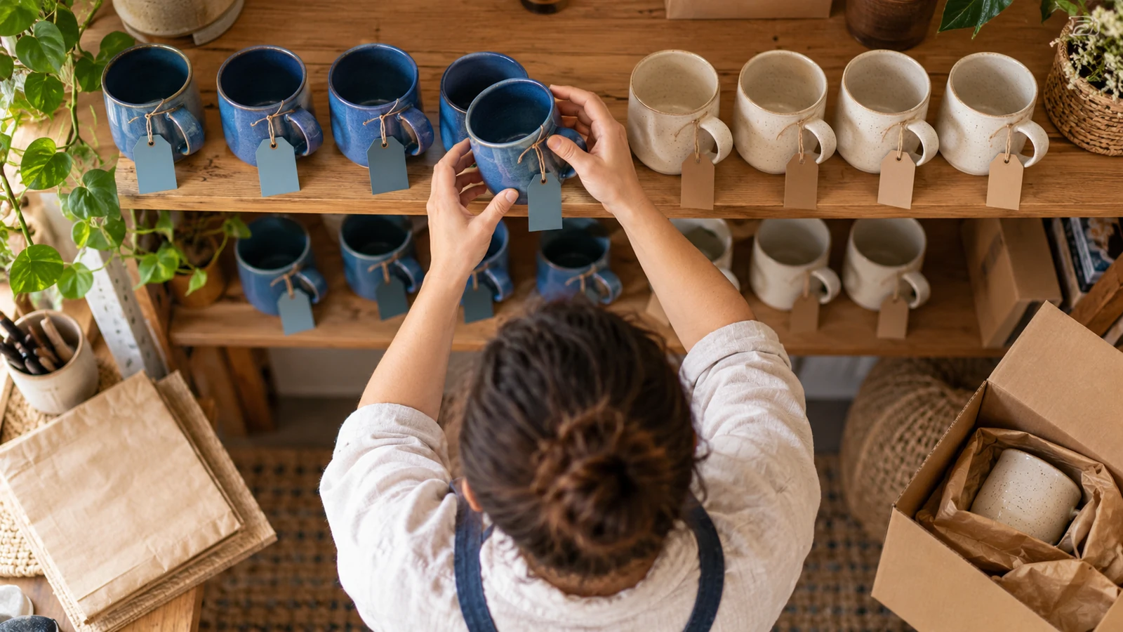 Persona contando tazas de distintos colores en estanterías de un taller.