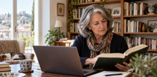 Comprueba los datos antes de dar algo por bueno Una mujer consulta un libro mientras comprueba información junto a un portátil.