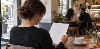Escribe con claridad y una voz coherente Mujer leyendo una hoja en una cafetería.