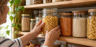 Manos colocando un tarro de pasta en una despensa agrupada por productos.