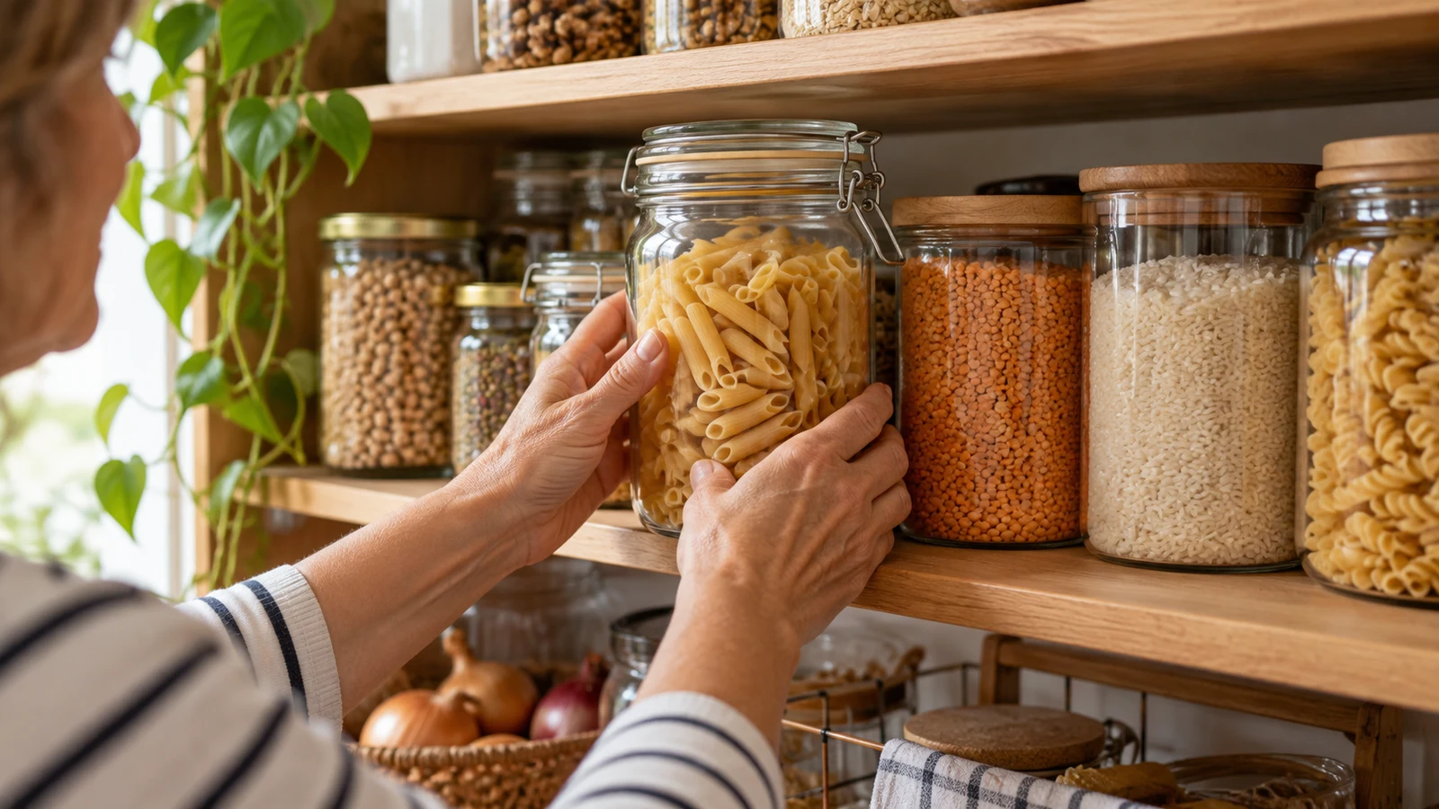 Manos colocando un tarro de pasta en una despensa agrupada por productos.