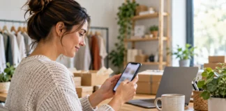 Monta un escaparate sencillo que funcione en el móvil Comerciante comprobando su tienda con un teléfono móvil.