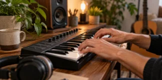 MIDI y tu primer instrumento virtual Manos tocando un teclado controlador MIDI en un estudio doméstico.