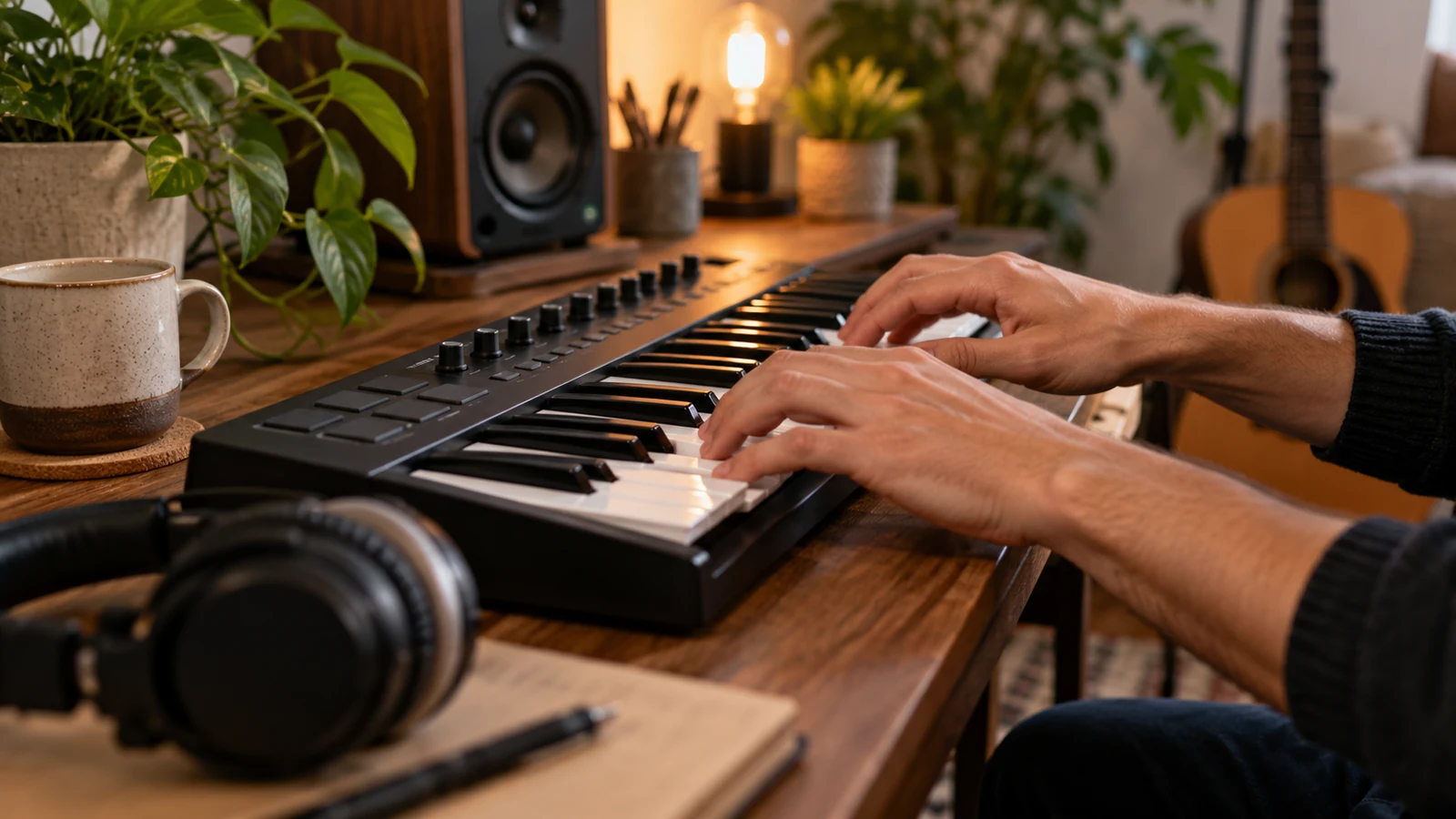 Manos tocando un teclado controlador MIDI en un estudio doméstico.
