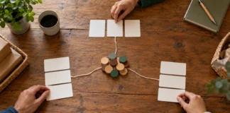 Tarjetas y fichas conectadas con hilos para representar la organización de datos.