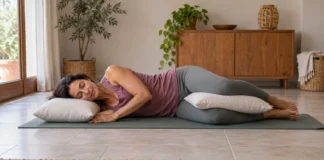 Mujer descansando de lado con apoyos bajo la cabeza y entre las rodillas