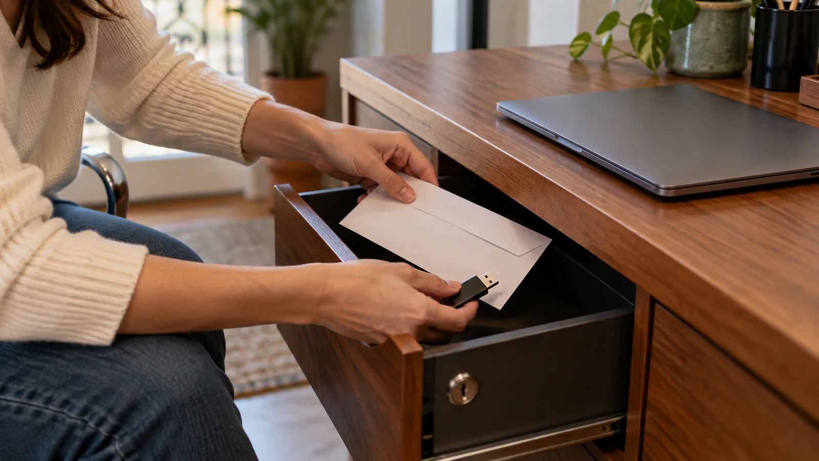 Una persona guarda un sobre y una memoria USB en un cajón con cerradura.