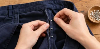 Manos sujetando los márgenes de una costura abierta en un pantalón azul.