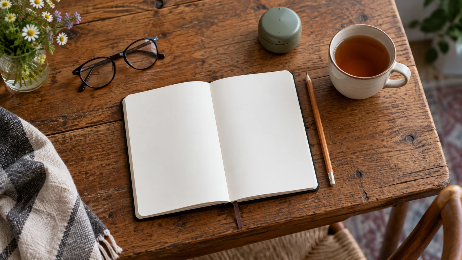 Un cuaderno abierto y un lápiz sobre una mesa de madera.