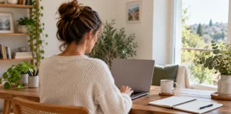 Construir frases en presente con verbos frecuentes Mujer trabajando con un portátil y un cuaderno en casa.