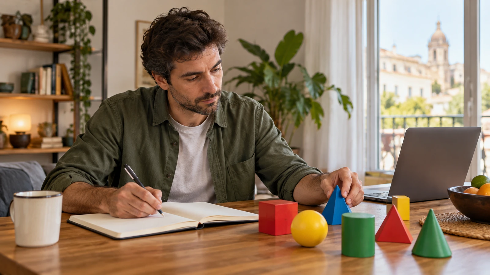 Un hombre practica con un cuaderno y figuras geométricas en su mesa de estudio.