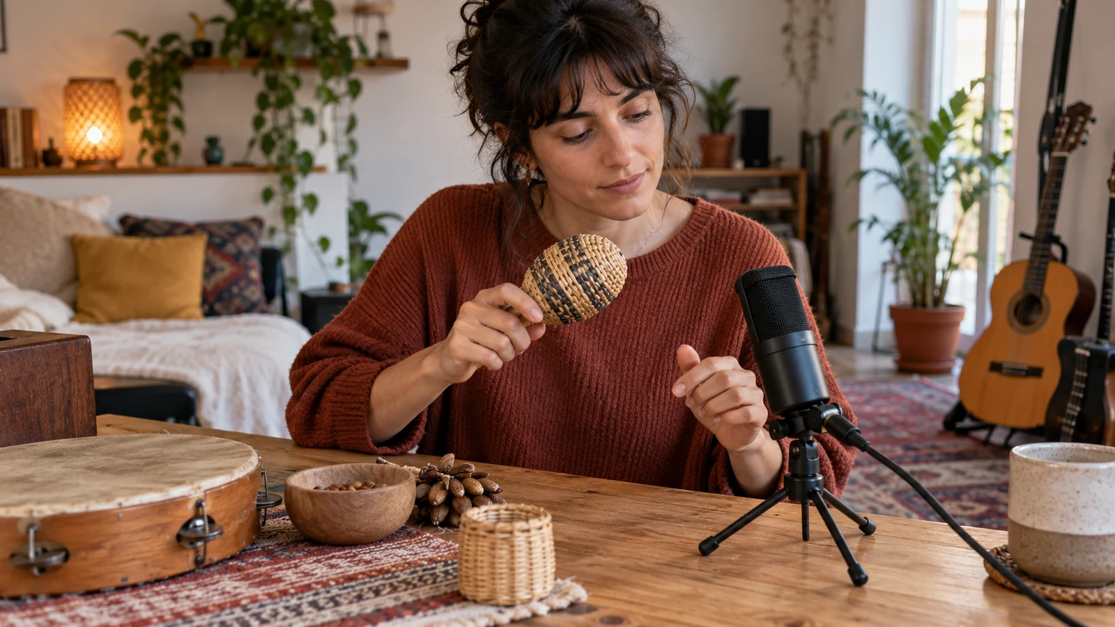 Mujer grabando percusión con pequeños objetos y un micrófono de mesa.
