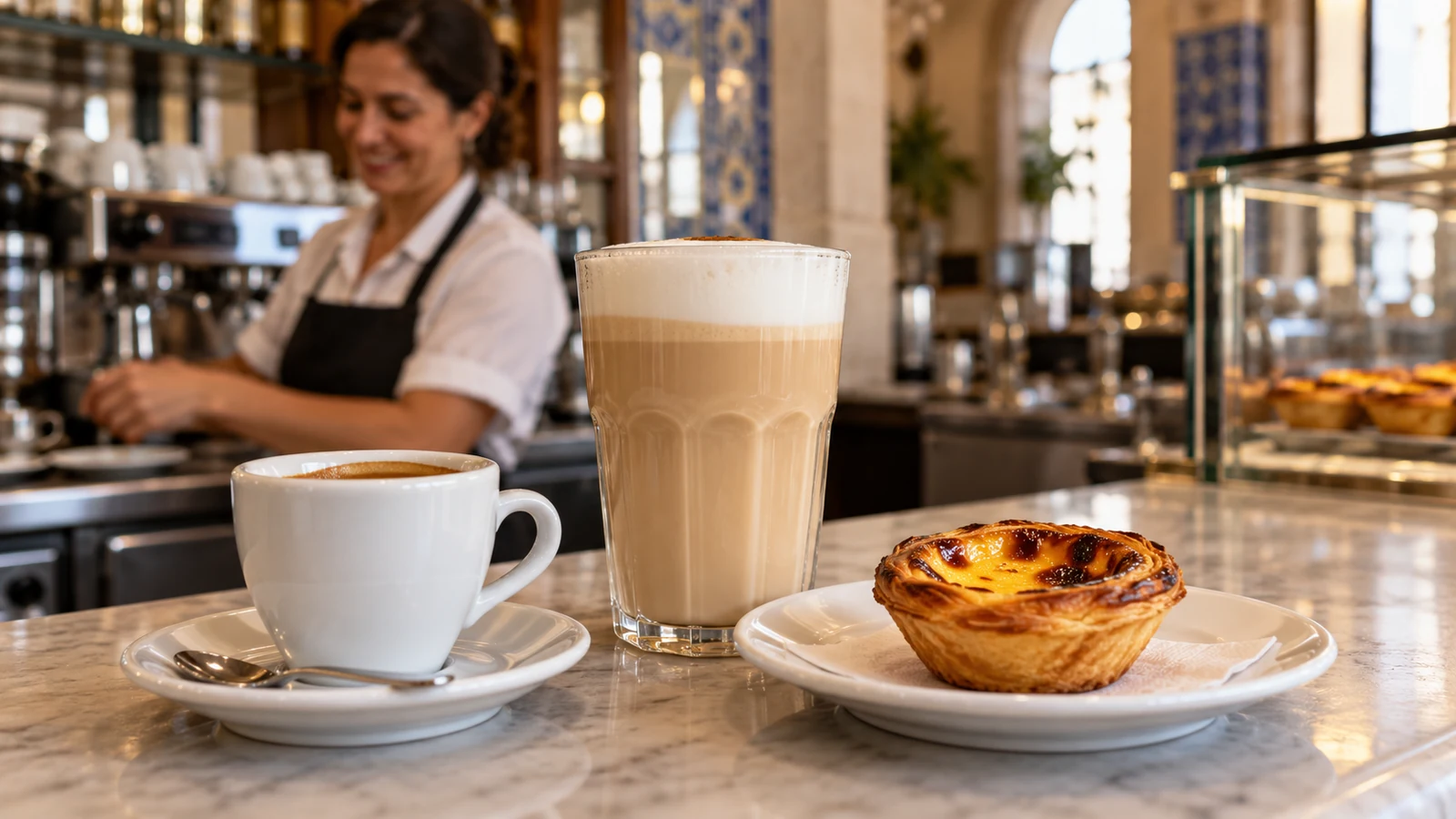 Un espresso, un galão y un pastel de nata en el mostrador de una cafetería.
