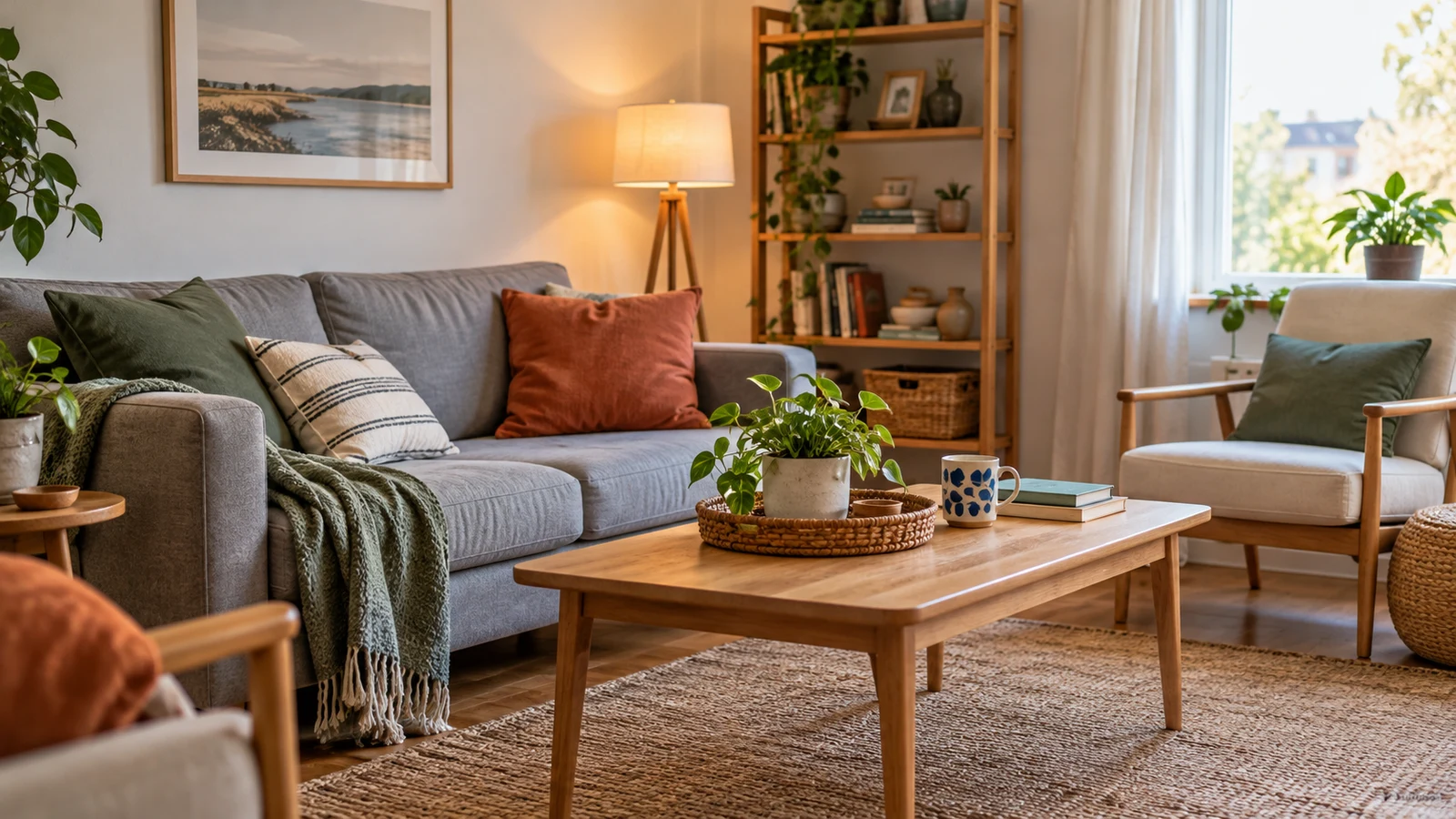 Un salón con sofá, mesa, lámpara y estantería para practicar ubicaciones.