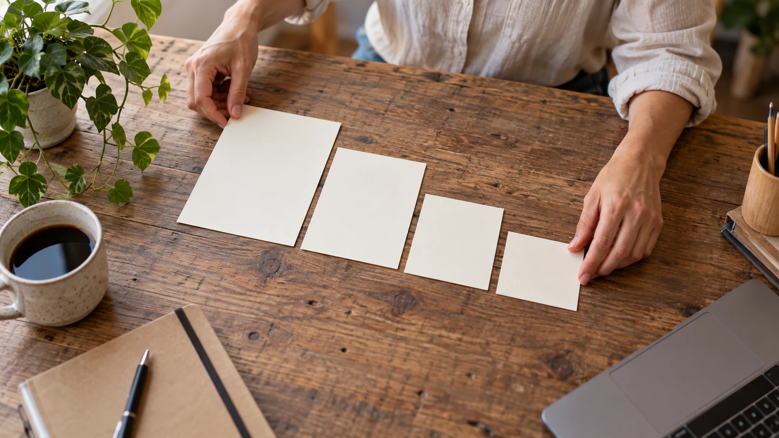 Manos ordenando cuatro tarjetas de distintos tamaños sobre una mesa.