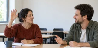 Hacer preguntas y expresar la negación Dos estudiantes adultos intercambiando preguntas en una mesa.