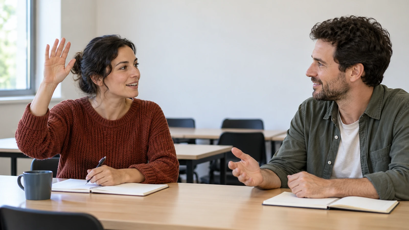 Dos estudiantes adultos intercambiando preguntas en una mesa.