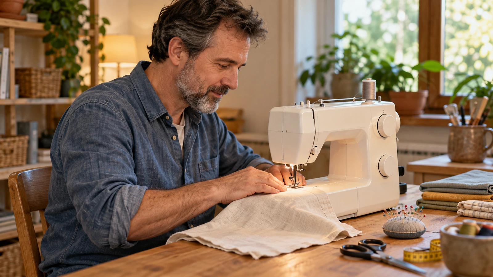 Un hombre practica con una máquina de coser doméstica sobre tela clara.