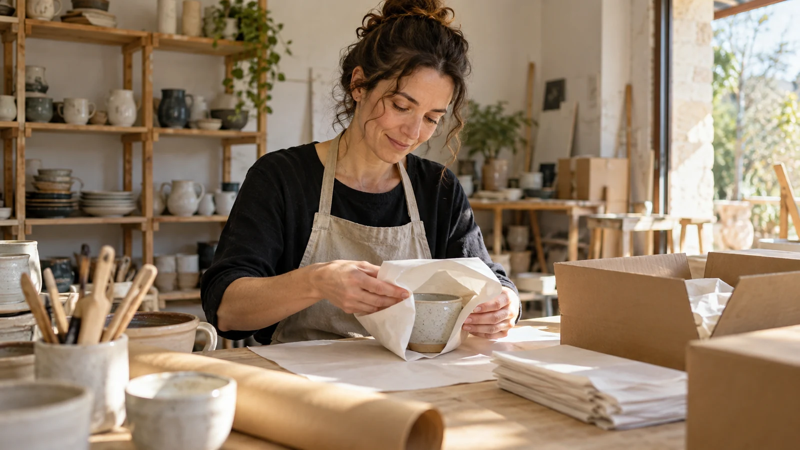 Artesana envolviendo una taza de cerámica en su taller.