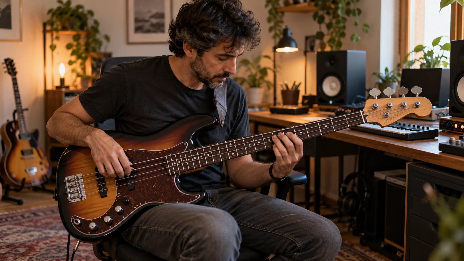 Músico tocando un bajo eléctrico junto a su equipo de grabación.