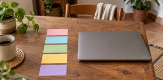 Tarjetas de colores ordenadas en una fila junto a un portátil cerrado.