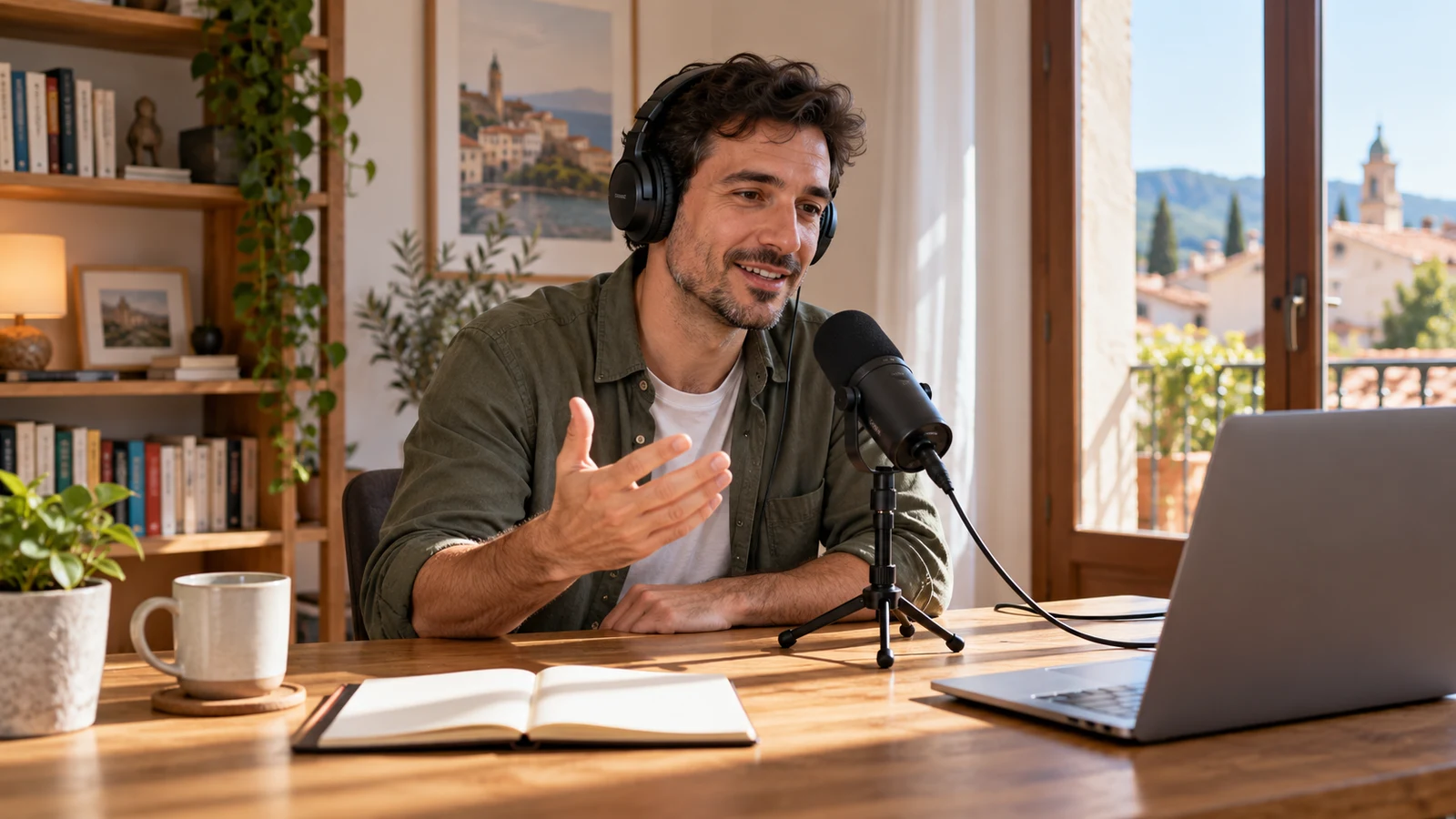 Hombre que graba un episodio de podcast en un despacho doméstico.
