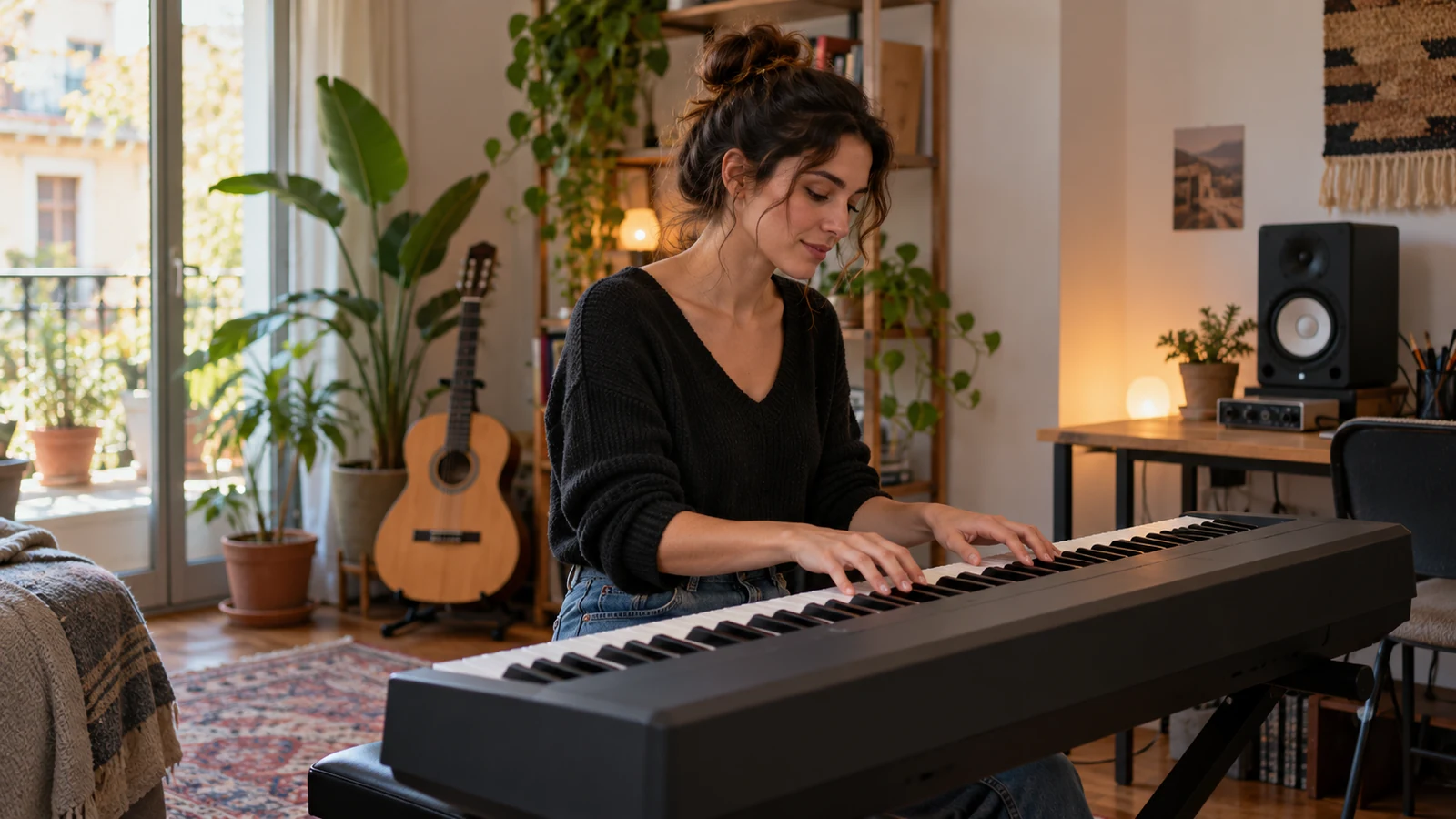 Mujer tocando acordes en un teclado situado en una habitación doméstica.