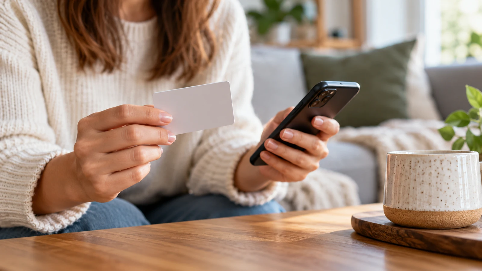 Manos con una tarjeta sin datos visibles y un teléfono durante una compra.