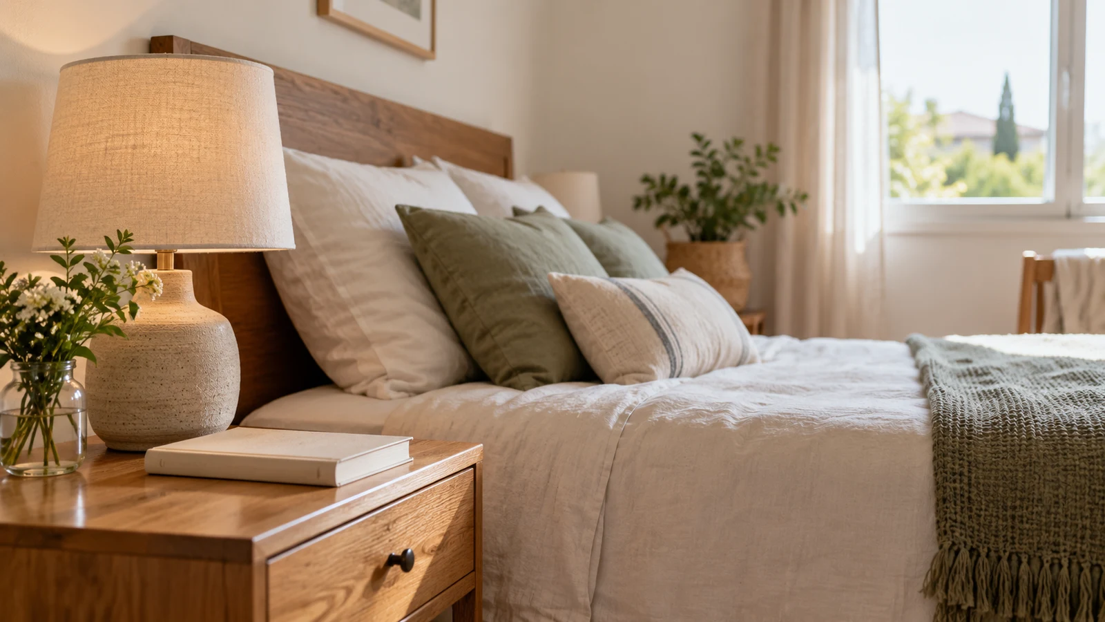 Dormitorio con cama preparada y mesilla con pocos objetos de uso cotidiano.