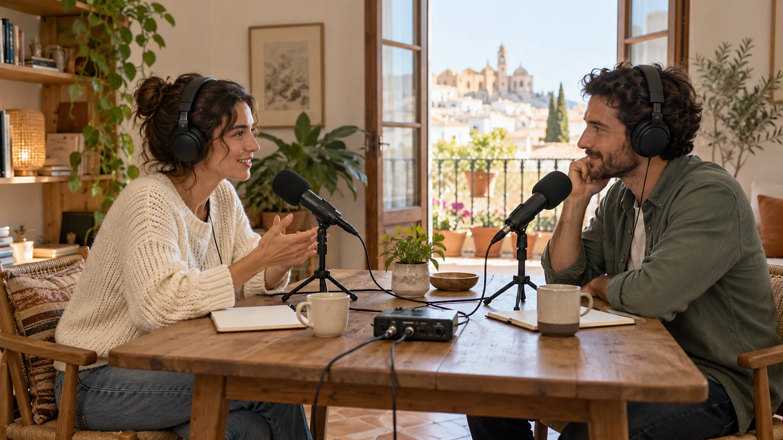 Dos personas que conversan ante micrófonos durante una entrevista presencial.