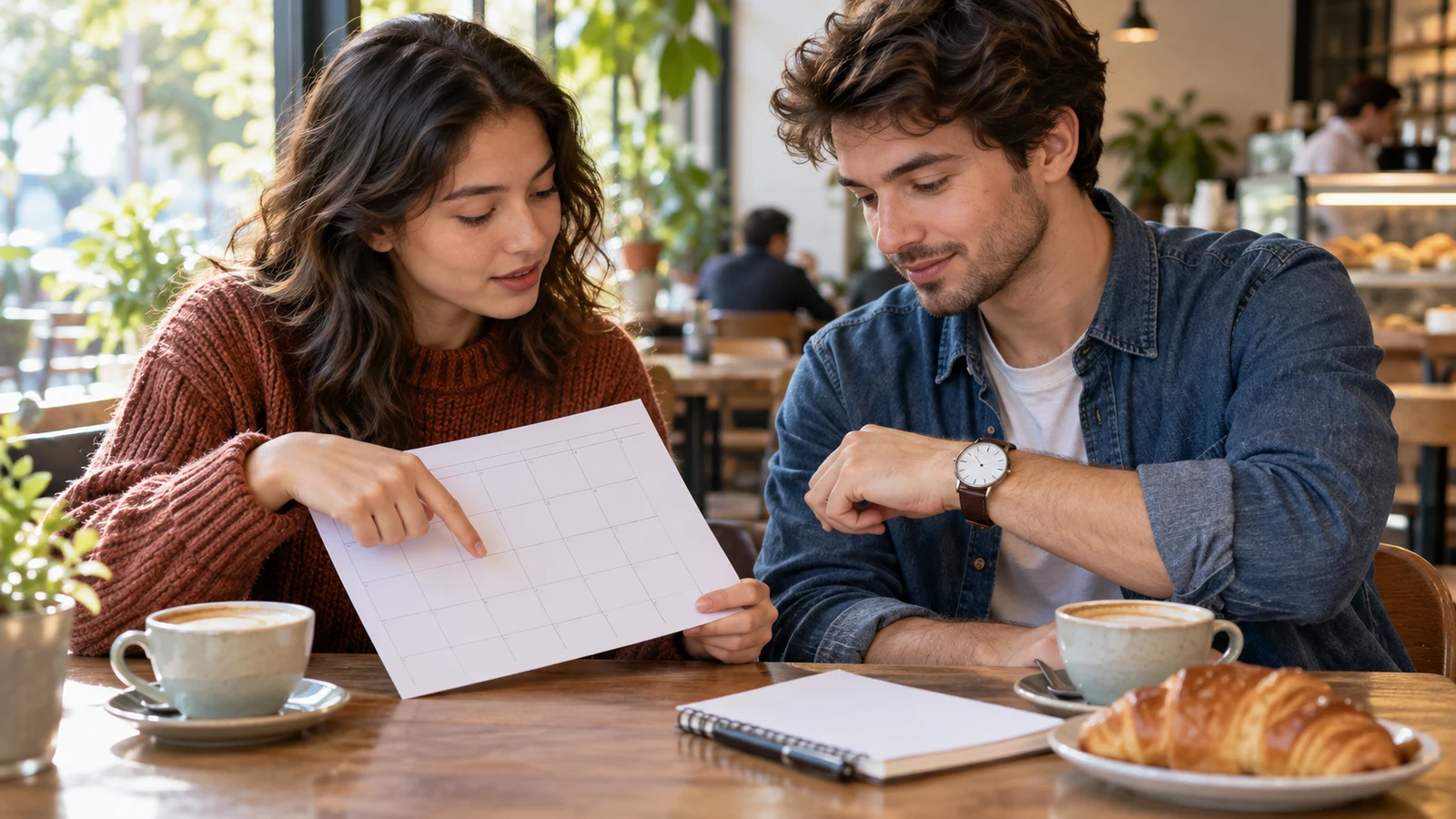 Dos personas consultan un calendario y un reloj para acordar una cita.