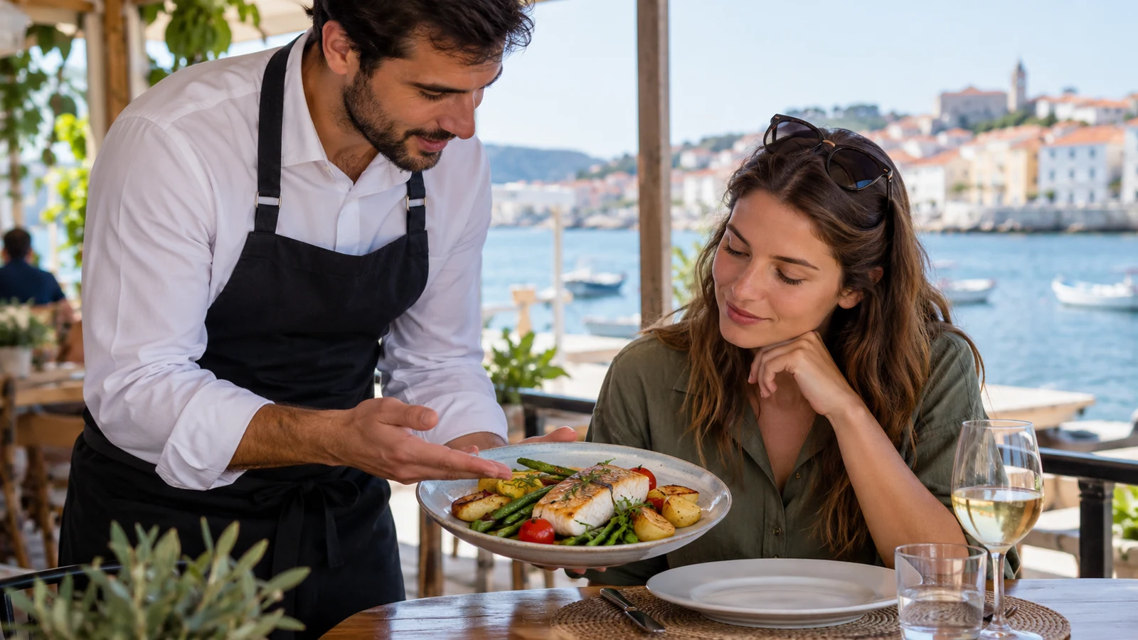 Un camarero conversa con una clienta sobre un plato de pescado y verduras.