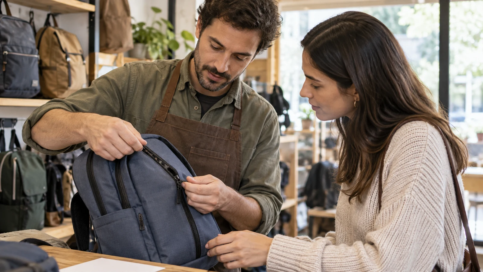 Comerciante mostrando el cierre de una mochila a una clienta.