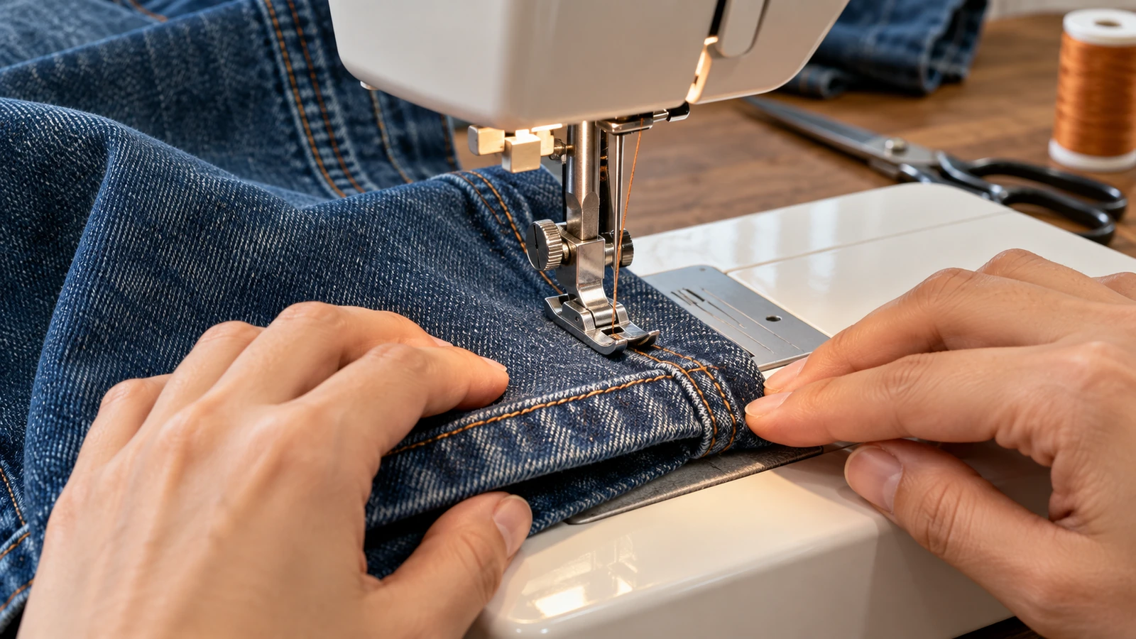 Pespunte a máquina de un bajo doblado de pantalón vaquero.