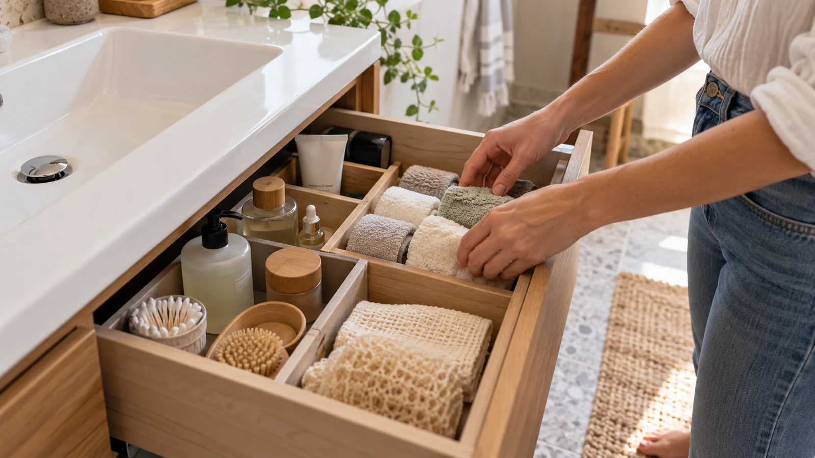 Persona colocando textiles y accesorios en un cajón de baño organizado.