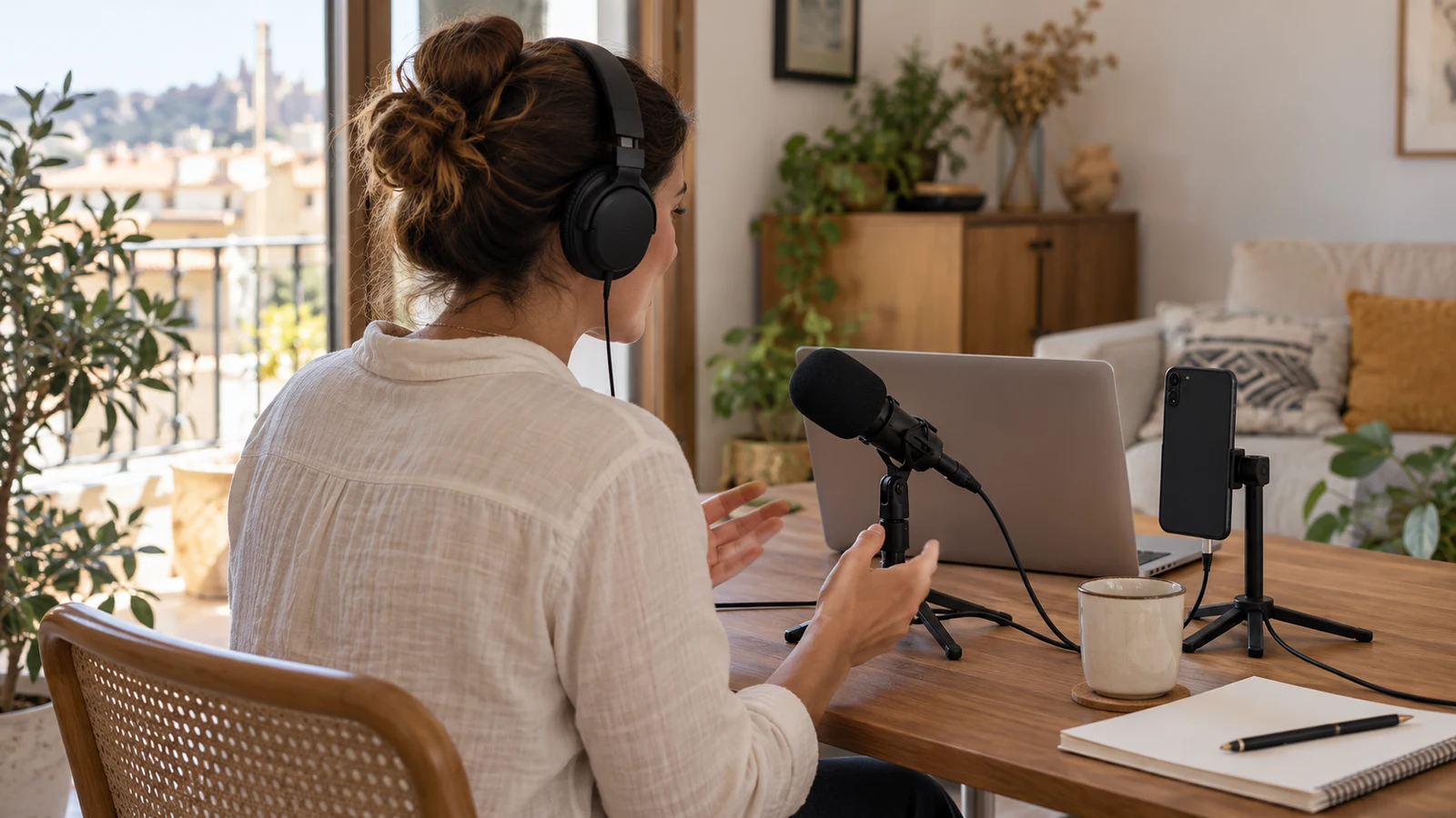 Mujer que prepara una entrevista a distancia con auriculares y un grabador de apoyo.