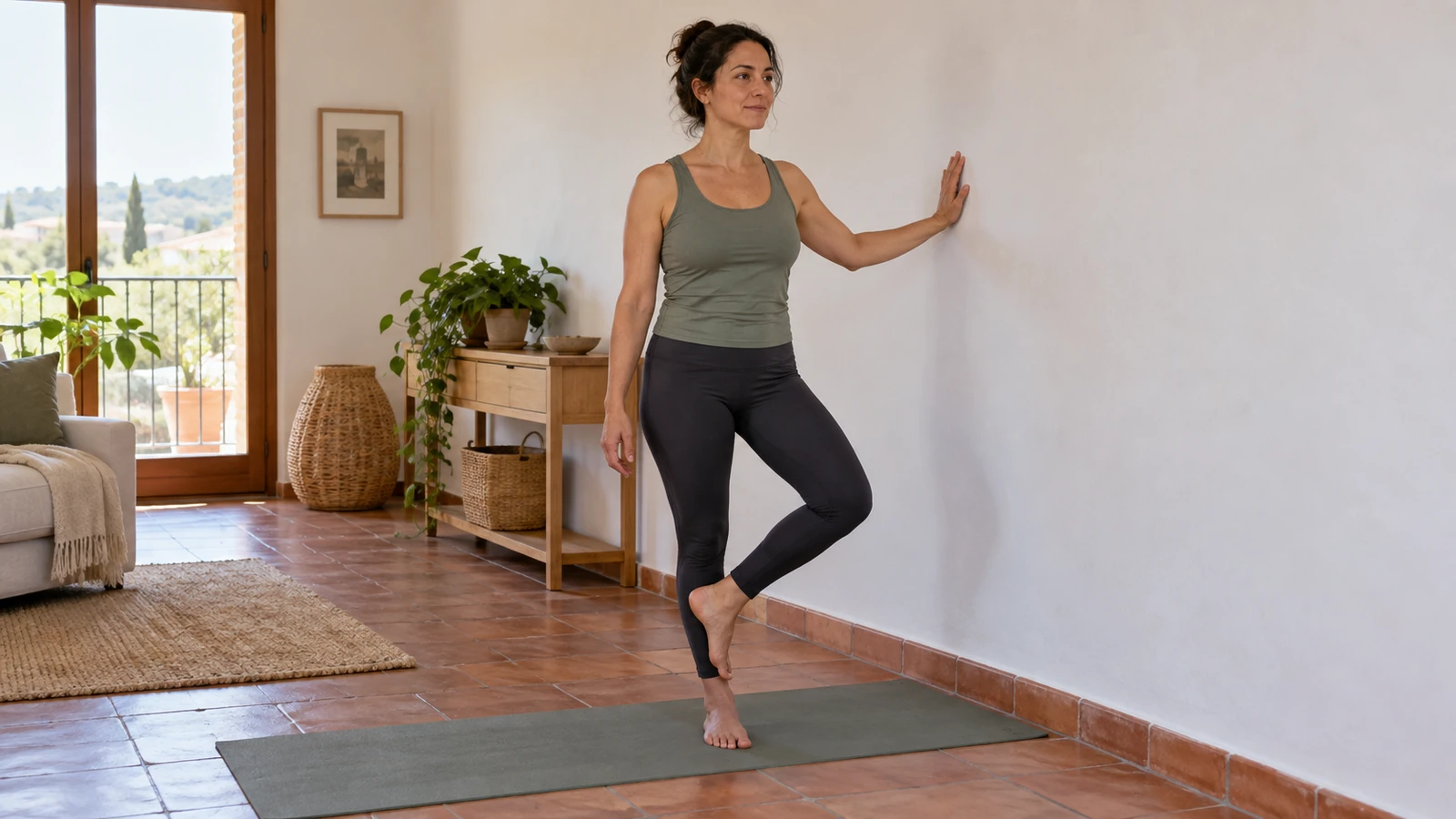 Mujer practicando el árbol con una mano en la pared y los dedos del pie en el suelo