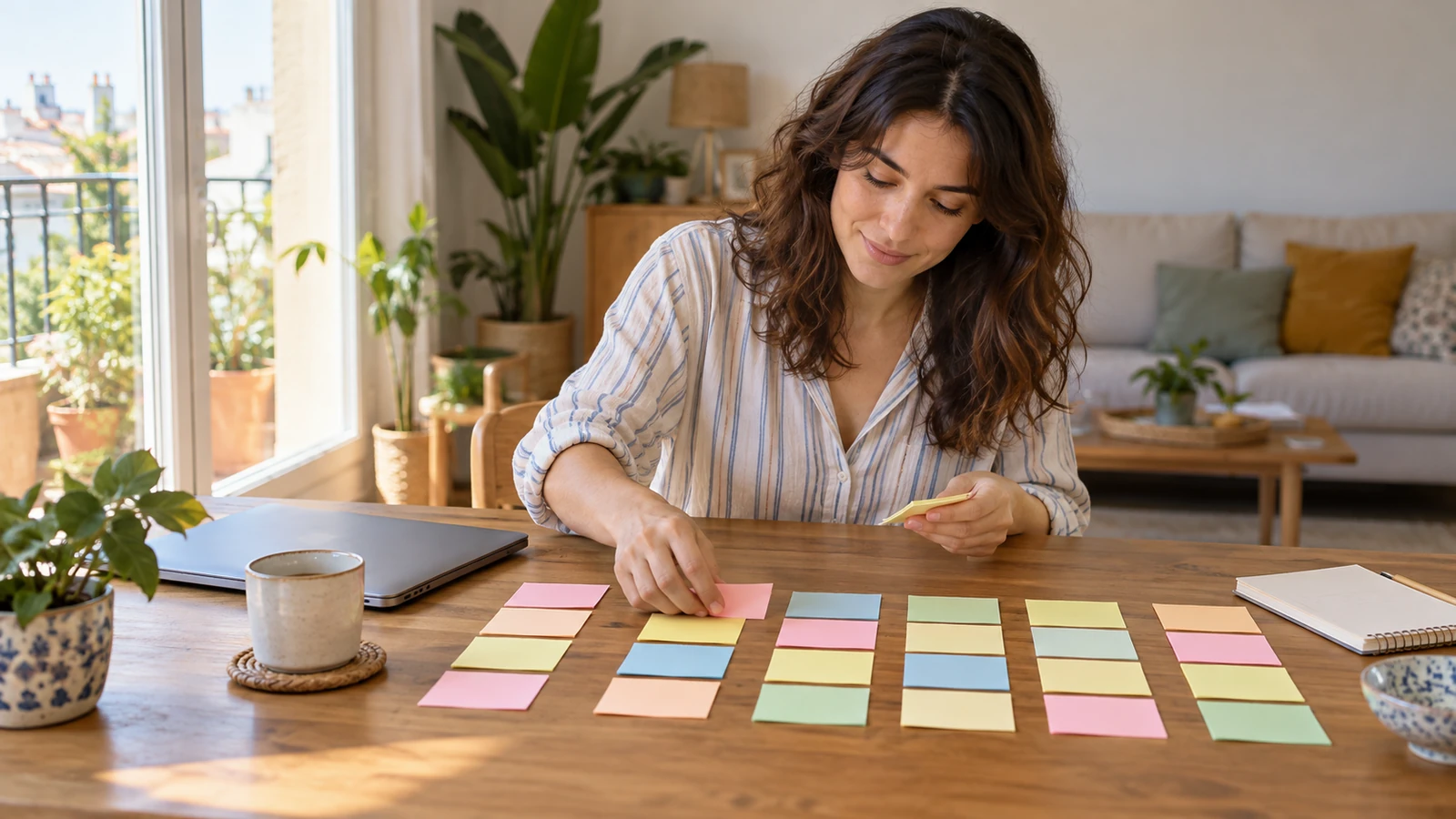 Una mujer distribuye notas de colores para organizar un plan semanal.