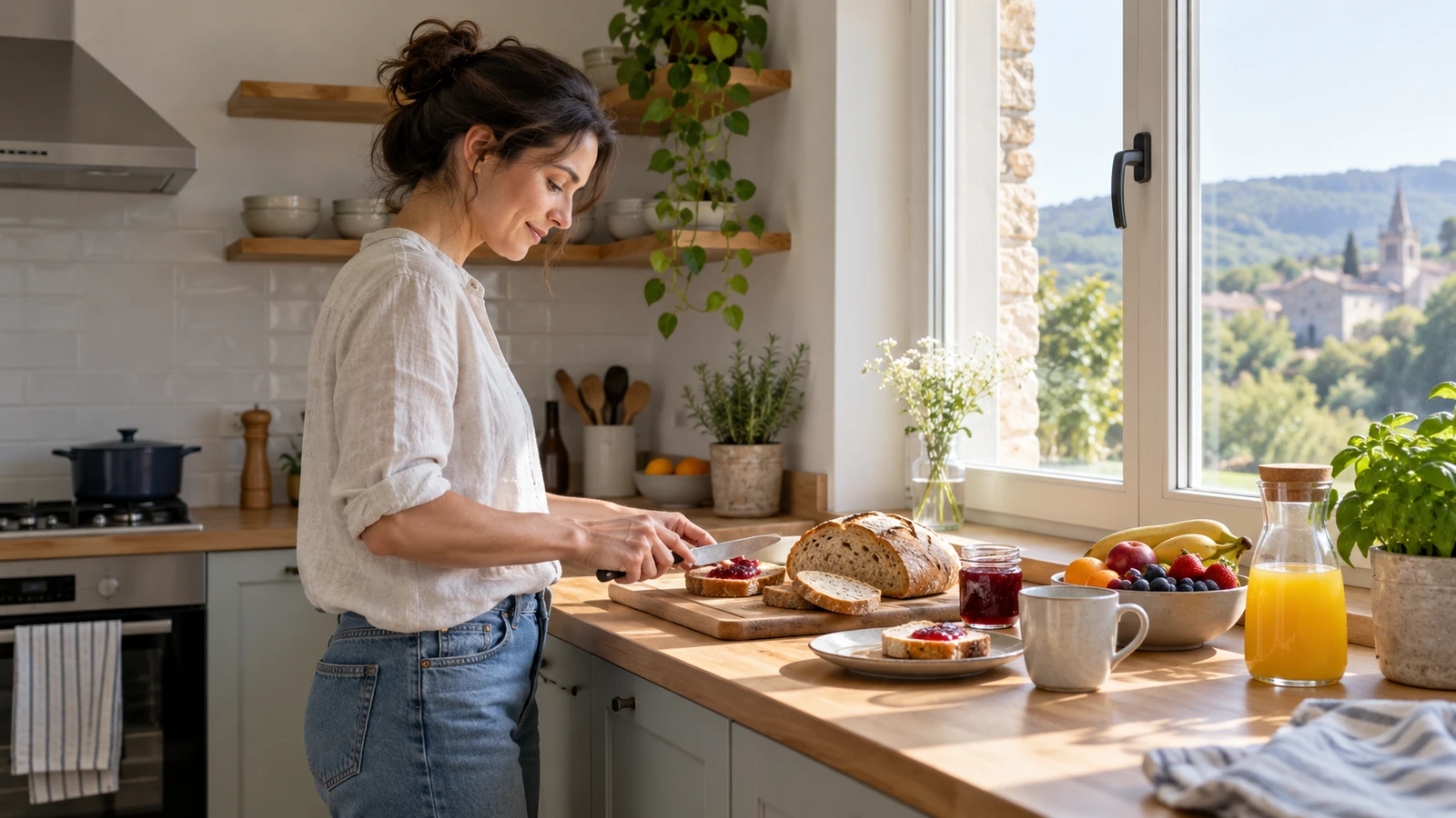 Mujer preparando el desayuno en una cocina luminosa.