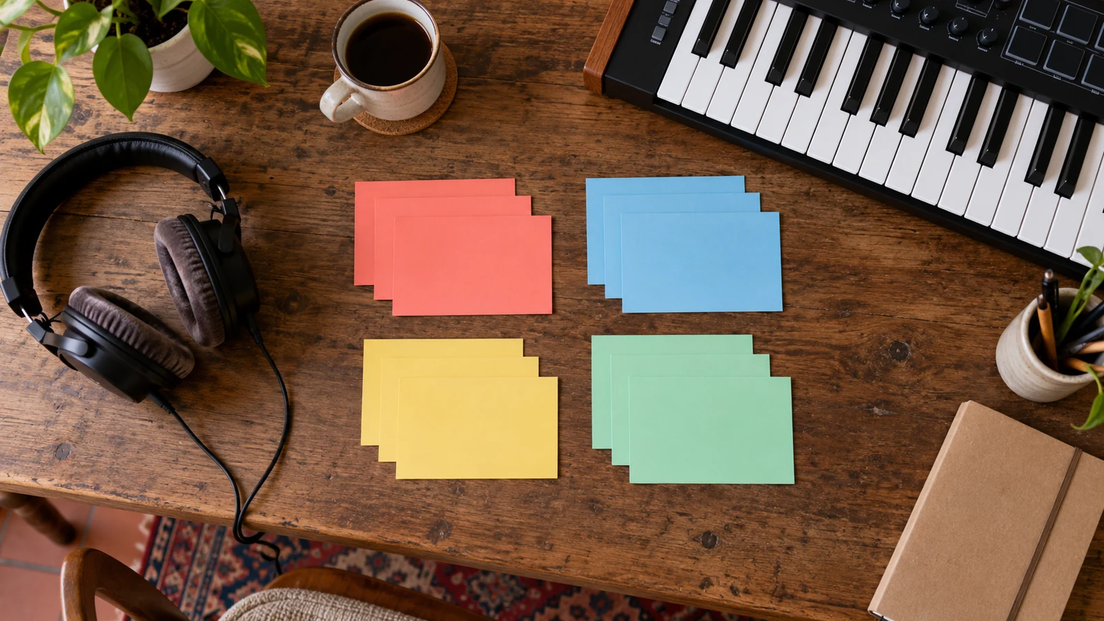 Tarjetas de colores sin texto organizadas junto a un teclado y auriculares.