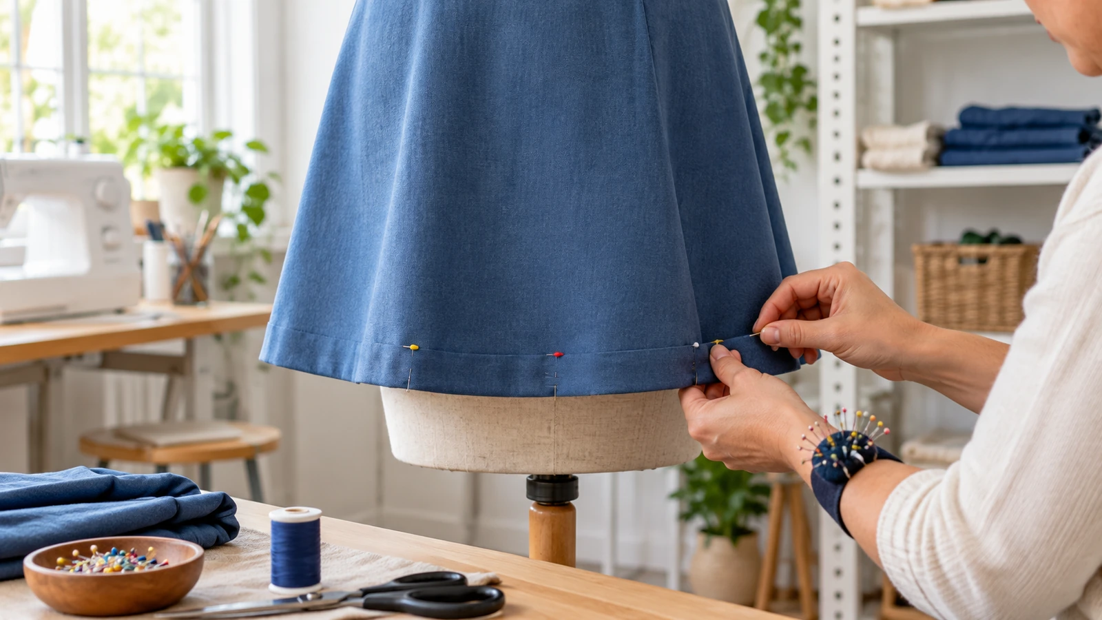 Manos sujetando el bajo de una falda azul colocada en un maniquí.