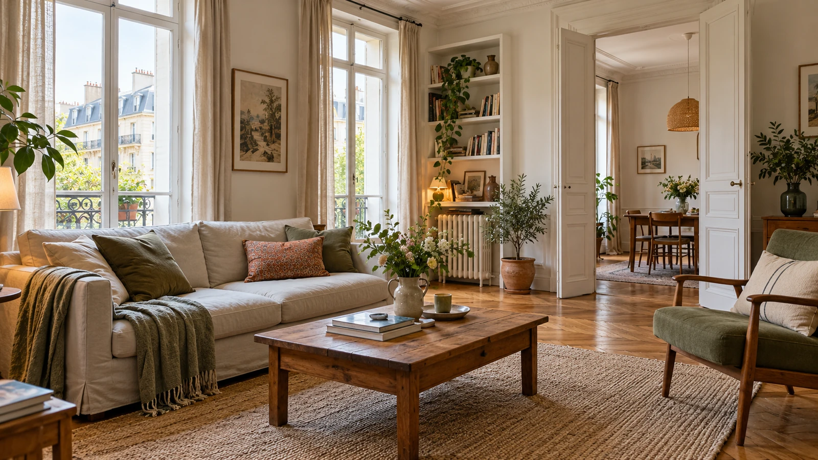 Salón con sofá, mesa y sillón en una vivienda luminosa.