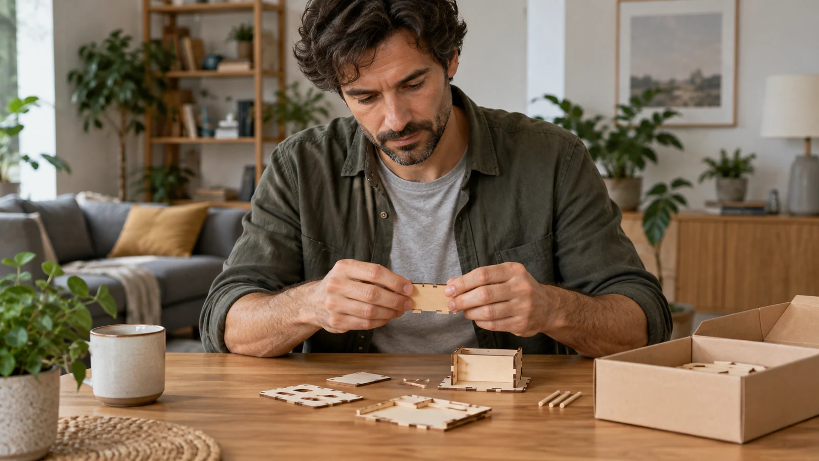Un hombre comienza a montar una pequeña maqueta de madera.