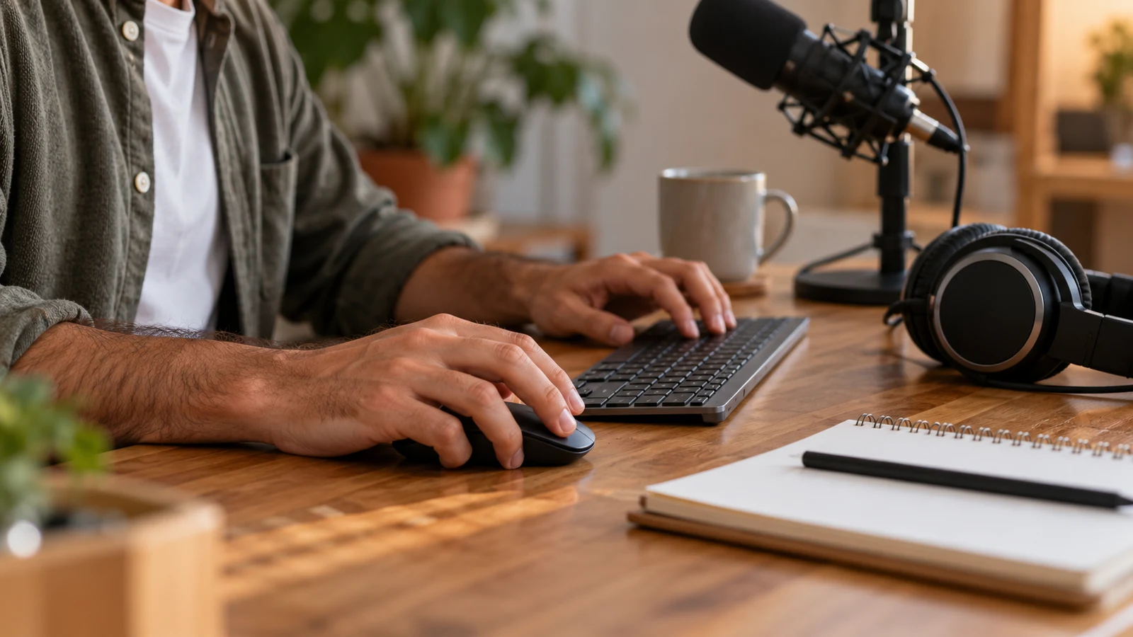 Manos que trabajan en la edición de audio con un teclado y auriculares cerca.
